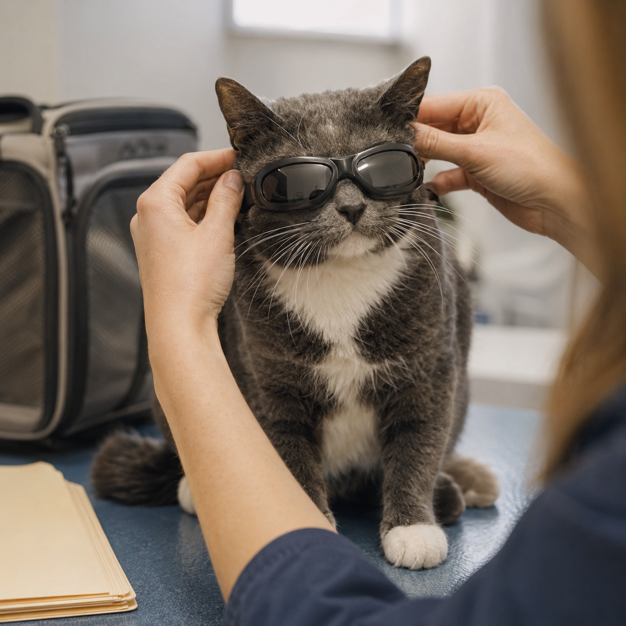 A veterinary technician gently fitting Bagel with her first pair of protective goggles in a clinic exam room