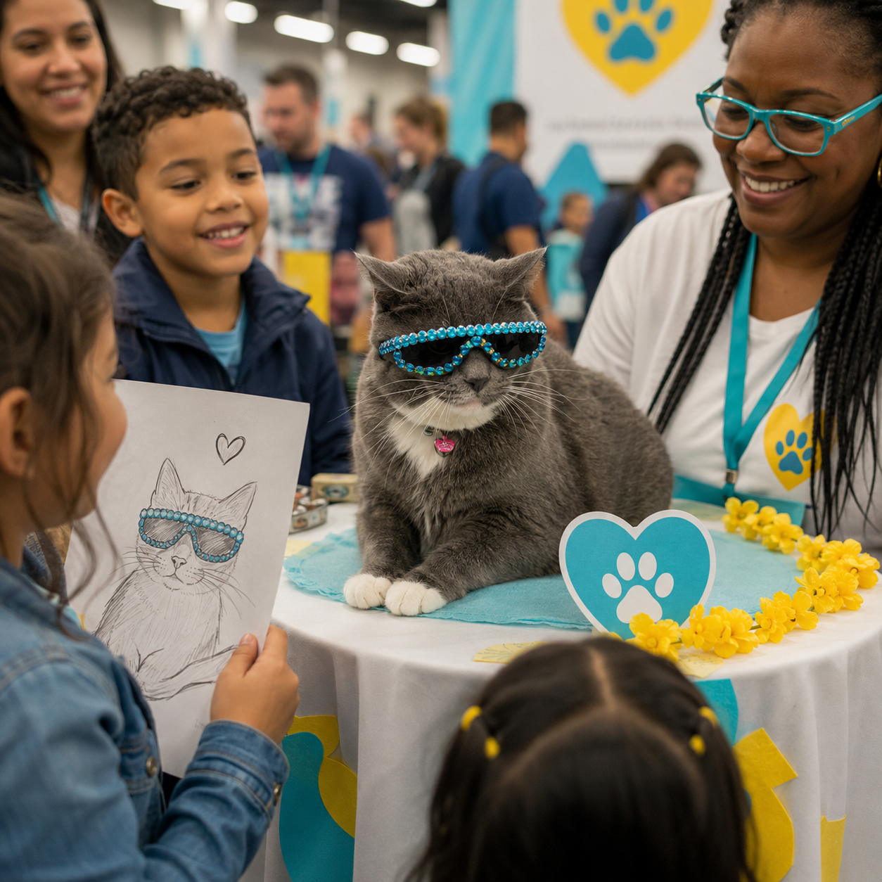 Bagel in turquoise jeweled sunglasses meeting children and families at a rescue convention booth