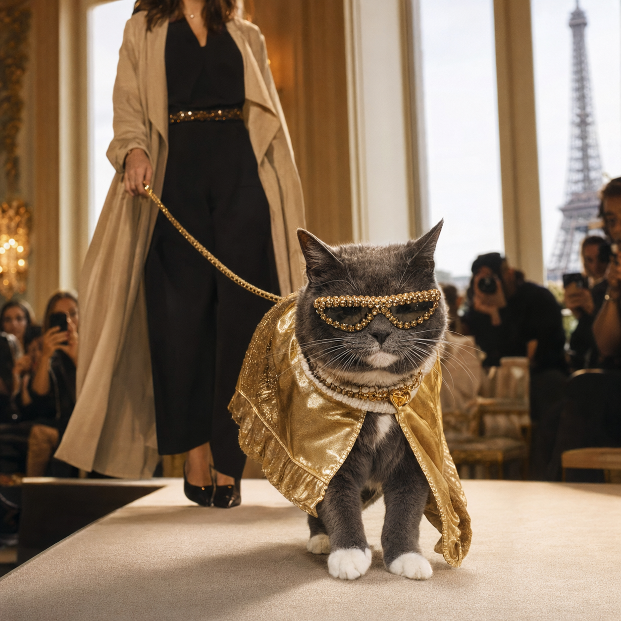 Bagel walking a Paris runway in a gold cape and gold beaded sunglasses as photographers capture the moment